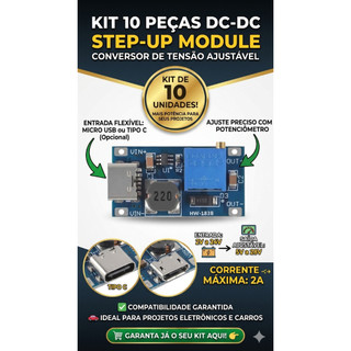 KIT 10 PEÇAS Regulador de tensão ajustável do módulo step-up, PLUG MICRO USB ou TIPO C, 2V-24V a 5V-28V, 2A, 10pcs