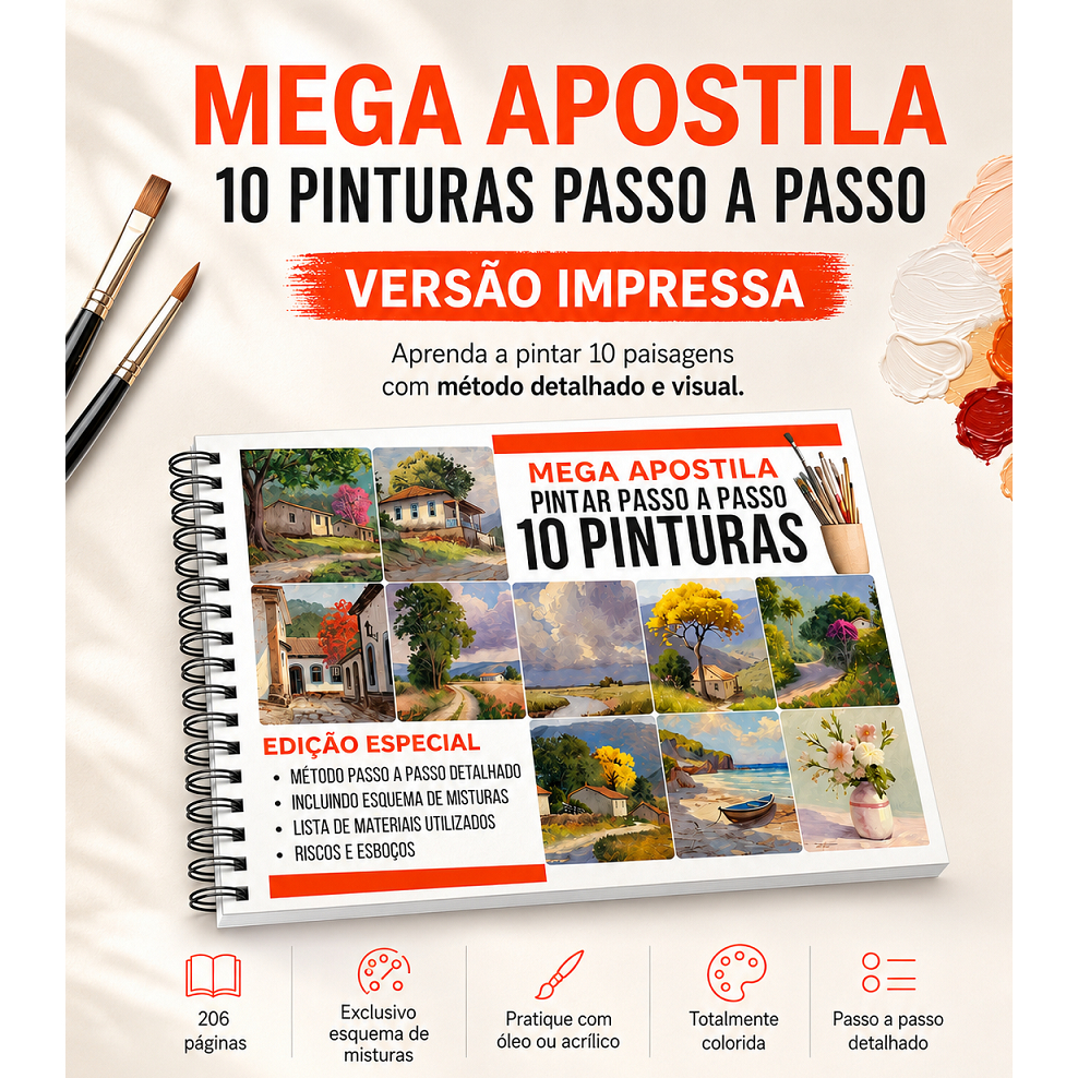 Apostila impressa Pintura a óleo acrílico 10 Aulas Passo a Passo Paisagens Flores
