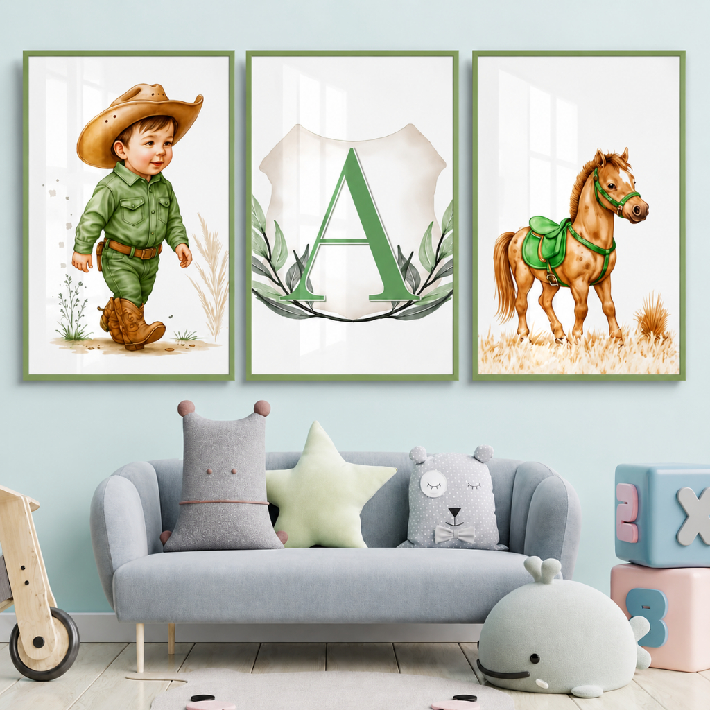 Quadros Decorativos 3 Peças Infantil Cowboy Cavalo Personalizado Primeira Letra do Nome Verde