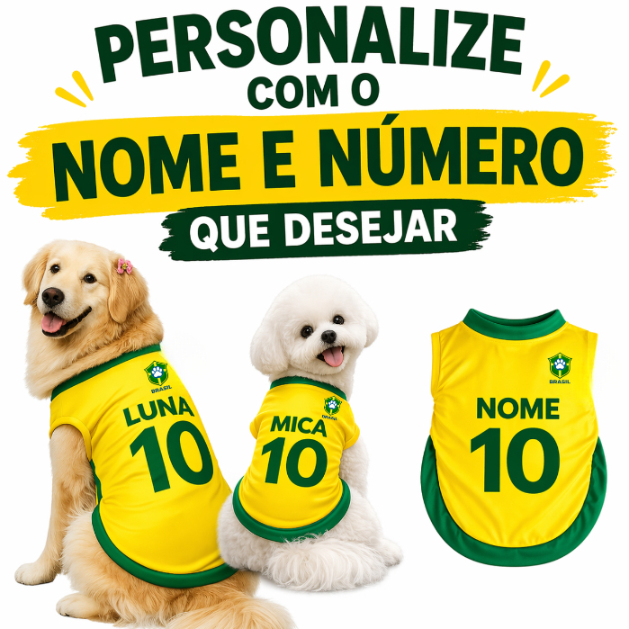 Roupinha Personalizada Pet Copa Brasil, Camisa Cachorros e Gatos, Hexa 2026