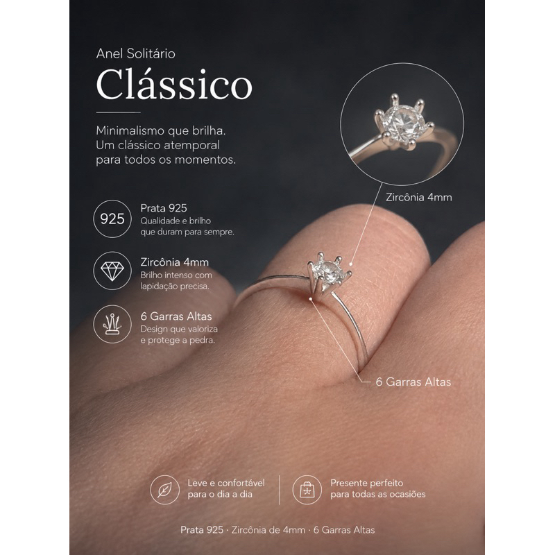 Anel Feminino Solitário Prata 925 Minimalista com Zircônia 6 Garras Envio Imediato