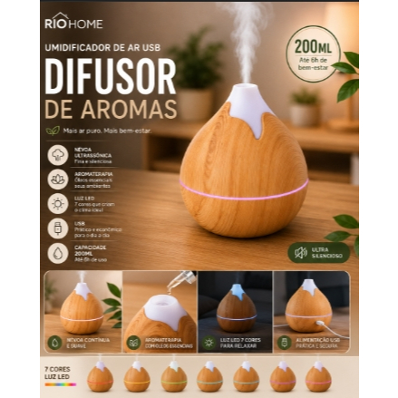 UMIDIFICADOR DE AR USB COM LED RIO HOME, DIFUSOR DE AROMAS MADEIRA OU CASTANHA 200ML