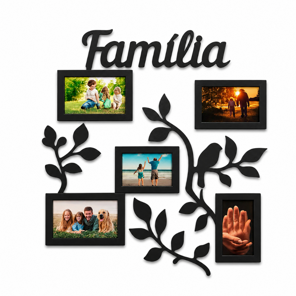 Painel Porta Retrato Parede MDF Familia 6 Fotos Decorativo Moldura Preta Galhos Enfeite Sala Quarto Organizador Grande