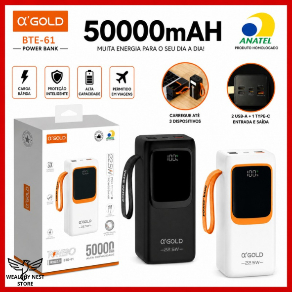 Power Bank 50000mAh Turbo Carregador Portátil Alta Capacidade - USB Tipo C Lightning iPhone Android
