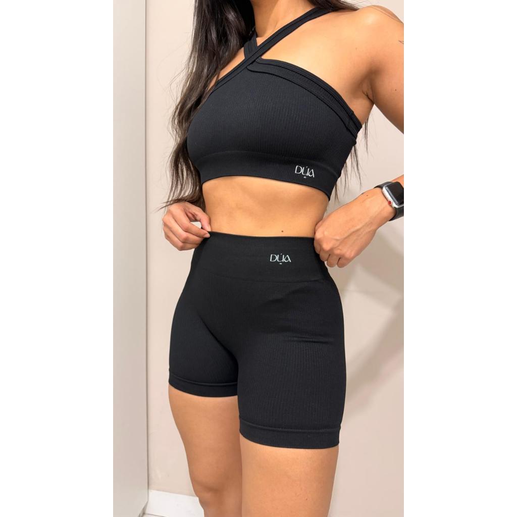 Conjunto Fitness Conjunto Feminino Preto Canelado Sem Costura Short + Top Cruzado TAM: M Academia Treino DÚA Fit
