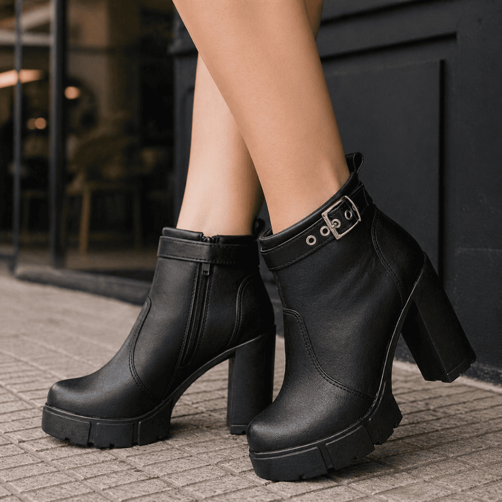 Bota Coturno Feminino Salto Alto Grosso Tratorada Fivela