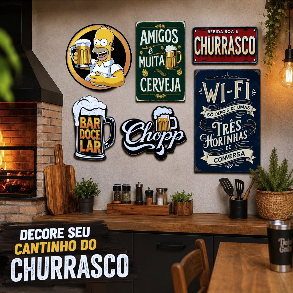 Kit 6 Placas Bar Cerveja Churrasco Vintage Decoração MDF