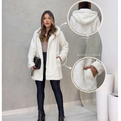 Casaco Teddy Feminino Alongado Peluciado Quentinho Inverno Moda Coreana Casual Elegante Alongado Moda Inverno Look Sofis
