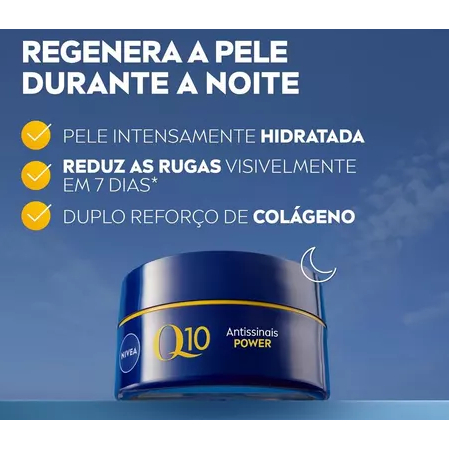 NIVEA Creme Facial Antissinais Q10 Power Noite 49g  Firmeza e Proteção Antioxidante, Rápida Absorção