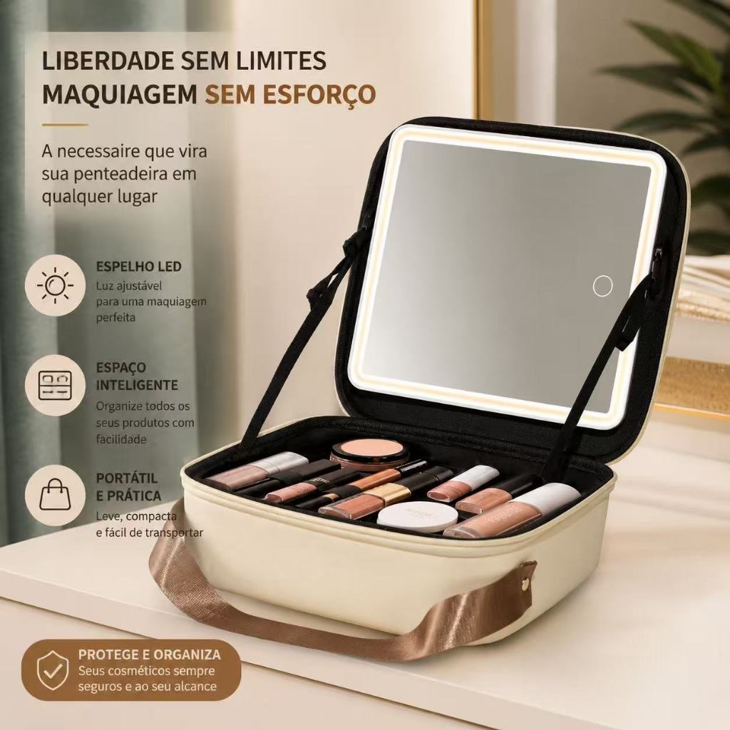 Maleta de Maquiagem com Espelho LED e Compartimentos Ajustáveis  para Viagem e Uso Diário