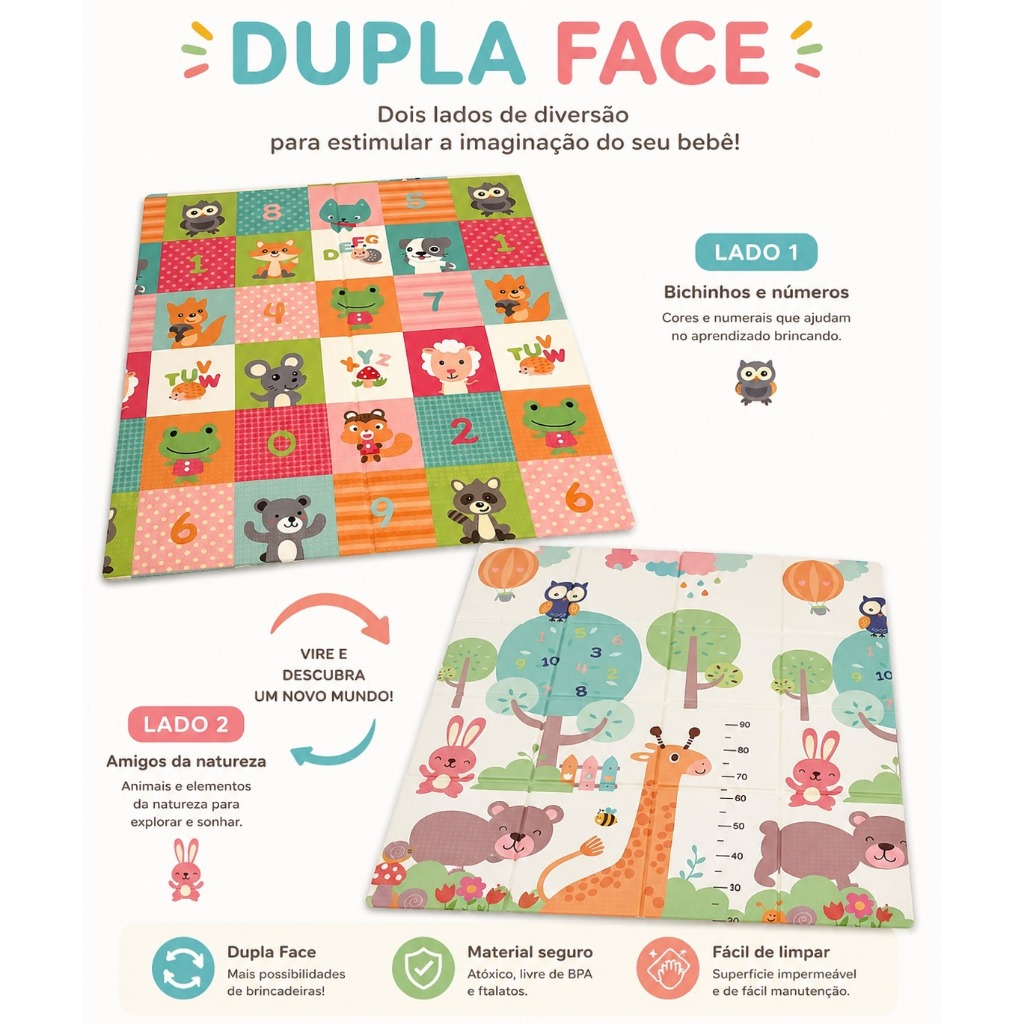 Tapete Infantil Dupla Face Térmico Bebê Emborrachado Impermeável Atóxic e Fofinho Medidora Educativa