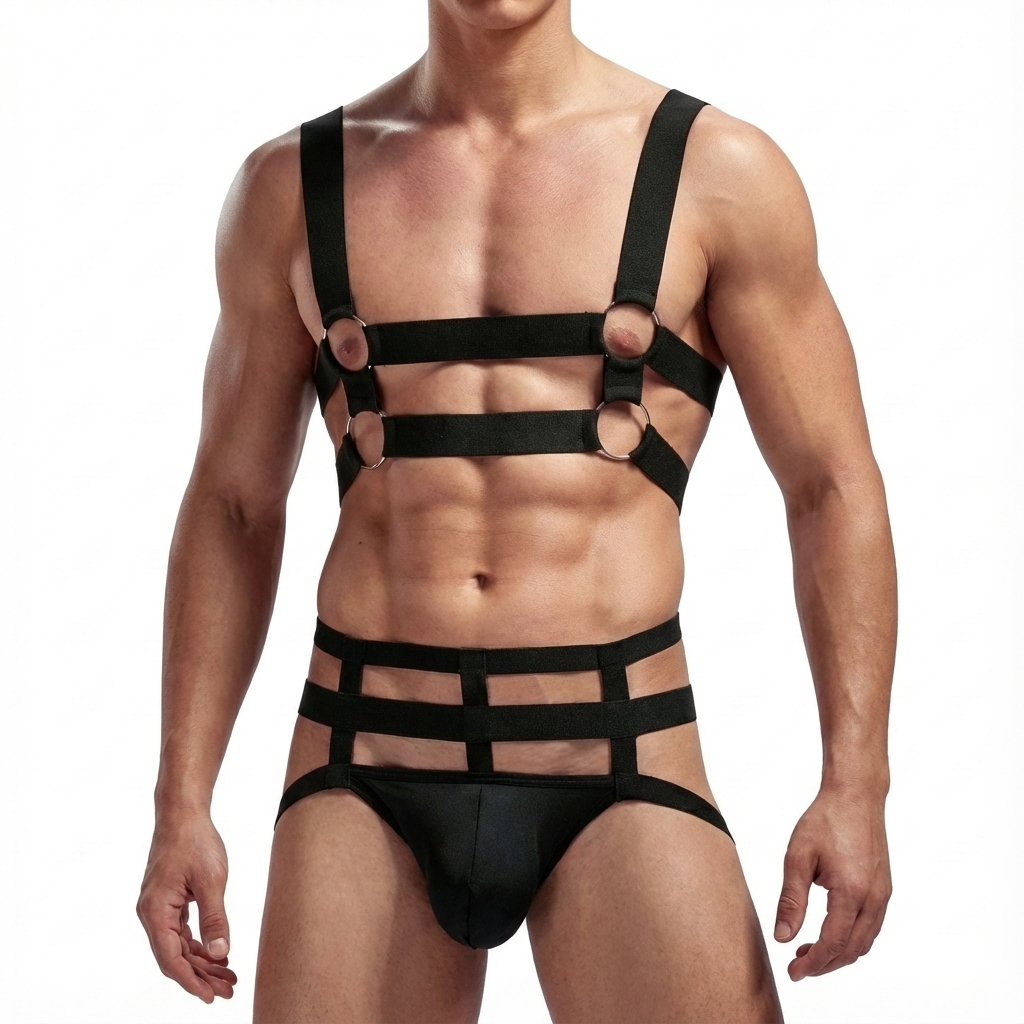 Conjunto Harness Regulável + Cueca Jockstrap Poliamida Premium Masculino Strappy Balada Rave