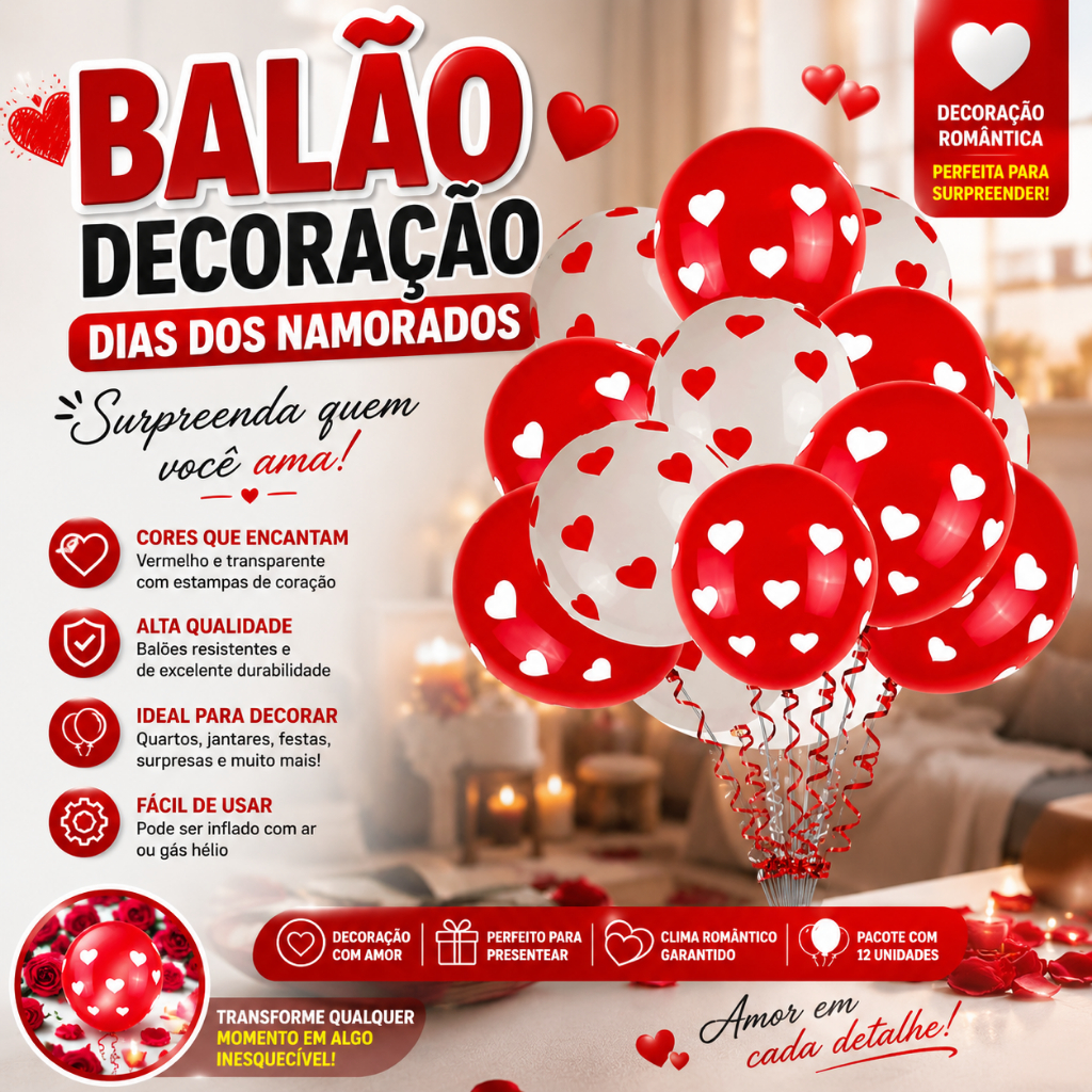 Balão Decoração Dia Dos Namorados Coração Vermelho Branco Romântico Festa Surpresa Casamento Noivado