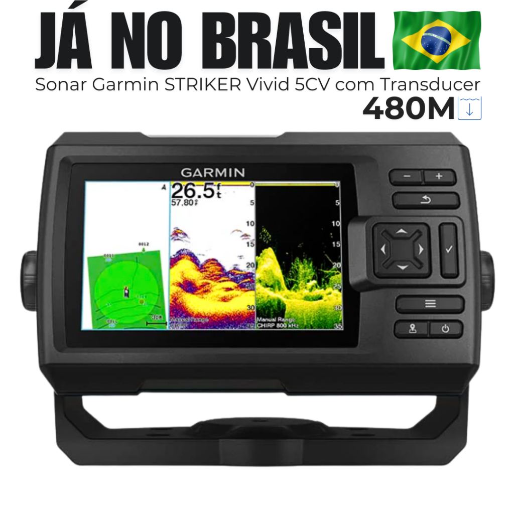 Sonar para Pesca Garmin Striker Vivid 5CV + Transdutor com GPS Profundidade de Até 480 Metros Tela de 5 Polegadas