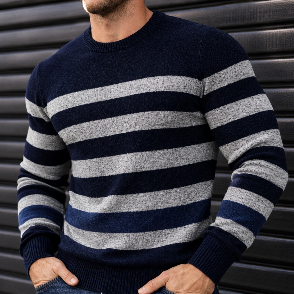 Suéter Masculino Blusa de Frio de Tricô Lã Manga Comprida Listrado Maculina Inverno Malha Grossa
