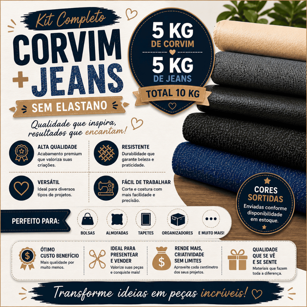 Kit 10kg Tecidos – 5kg Corvim + 5kg Jeans Sem Elastano | base p/ tapete Artesanato Patchwork