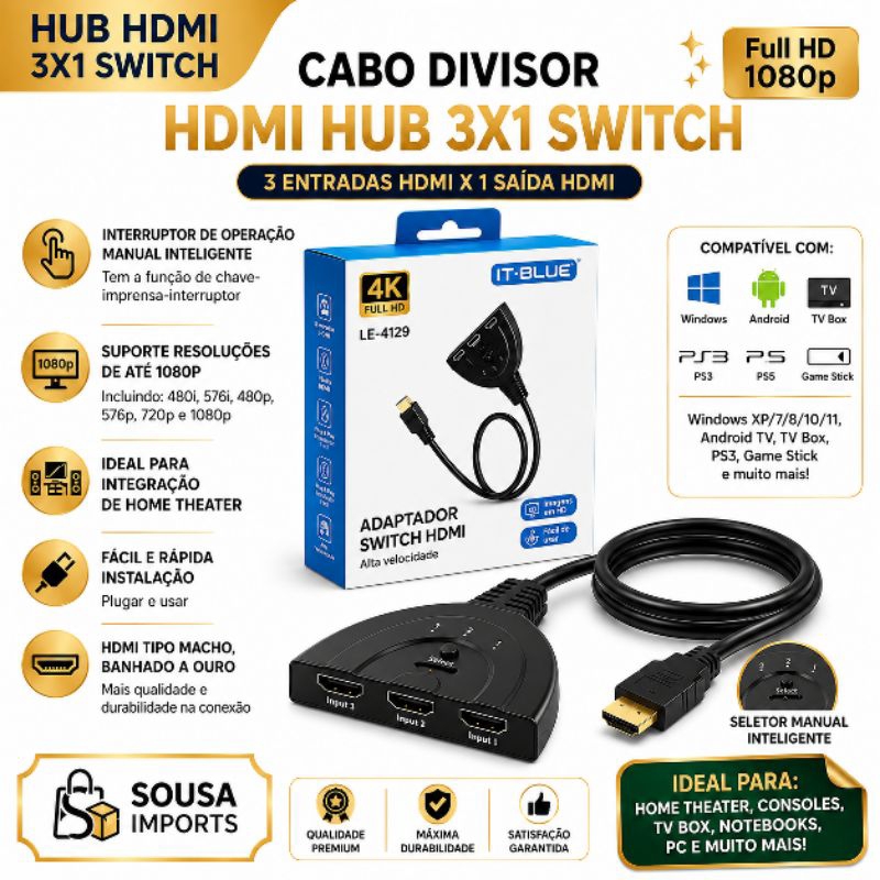 Cabo Divisor Hdmi Hub 3x1 Switch 3 Entradas Para 1 Saida MFL LE-4129