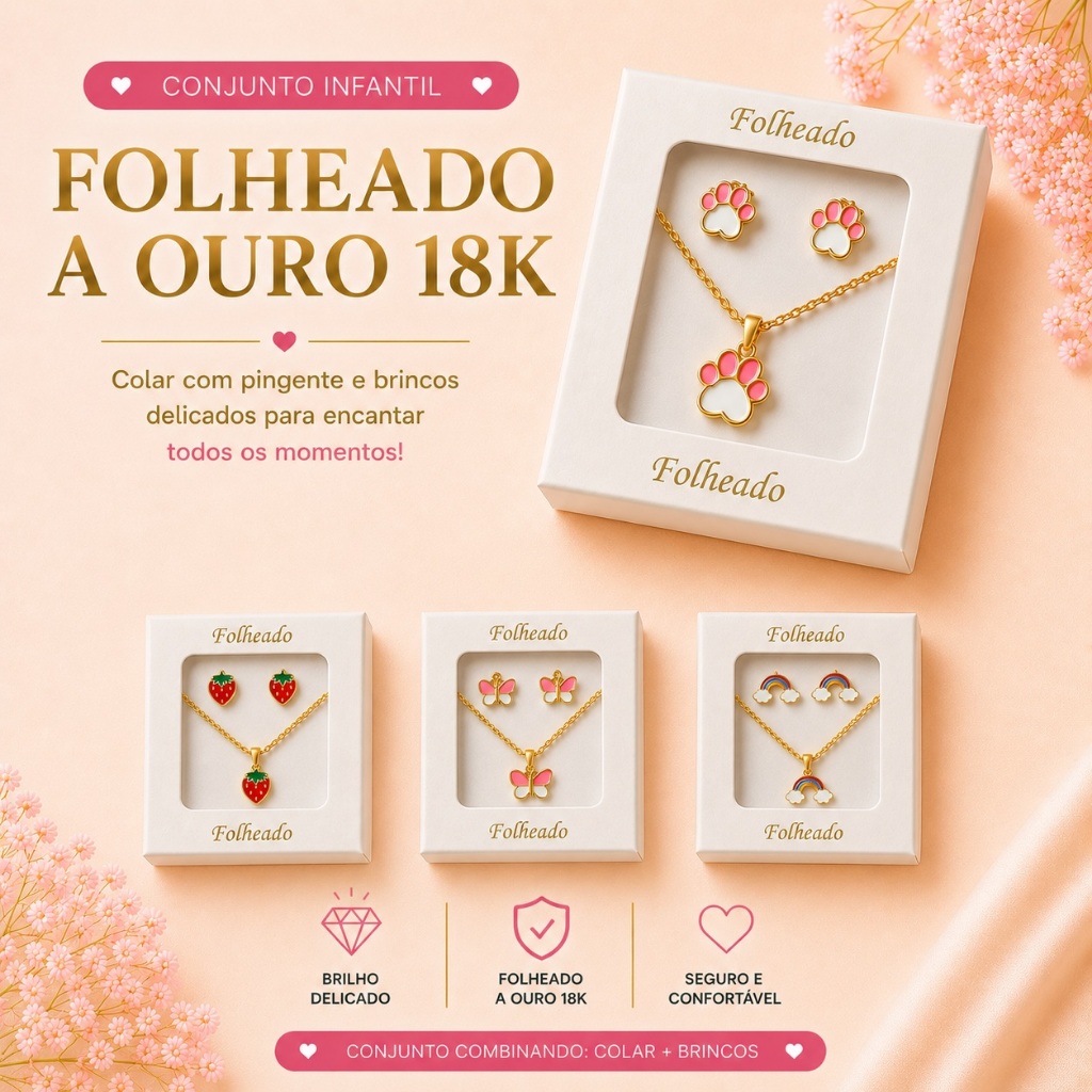 Conjunto Infantil Folheado a Ouro 18K Colar com Pingente Brincos e Caixinha