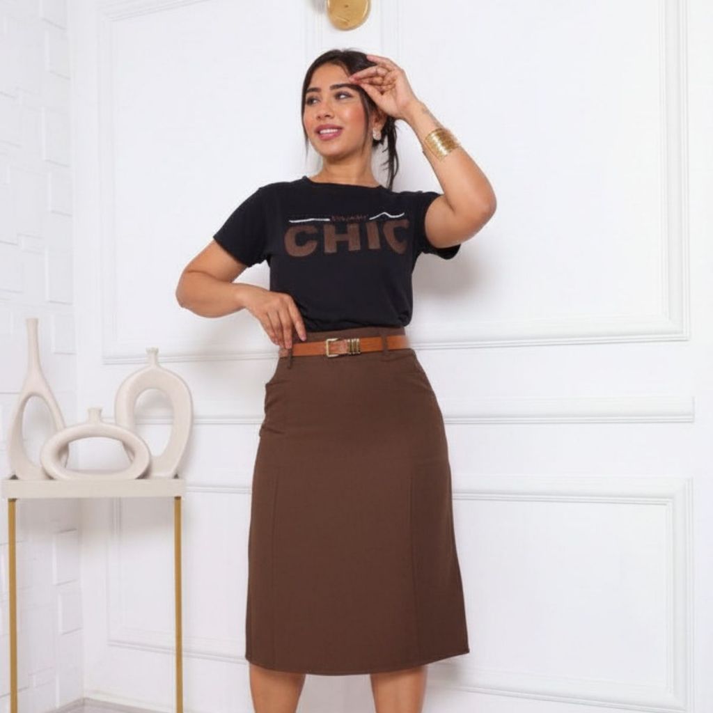 Saia Feminina Marrom Social e Com Cinto Moda Elegante Envio Imediato