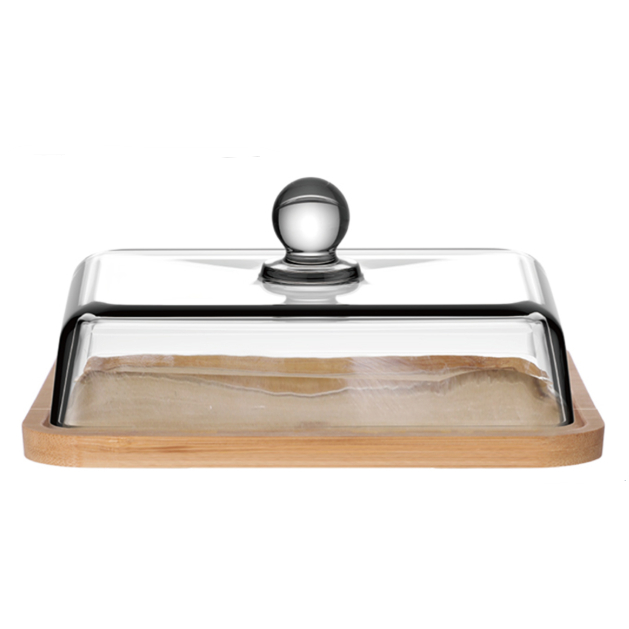 PORTA FRIOS DE BAMBU RETANGULAR COM TAMPA DE VIDRO CRISTAL LISO LINHA SERVIR MONACO PREMIUM