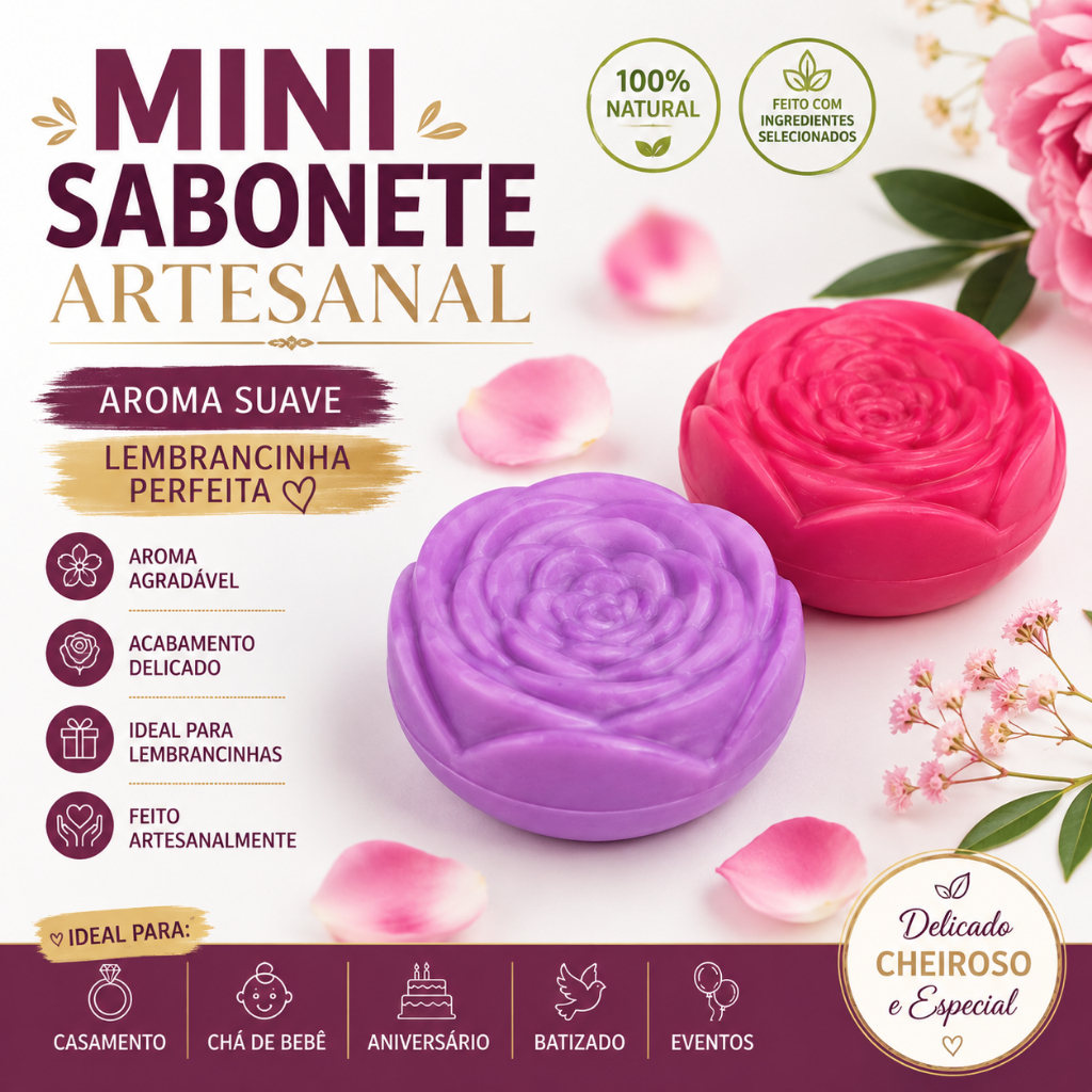 Mini Sabonete Artesanal Rosa Luxo Lembrancinha Casamento Chá De Bebê Batizado