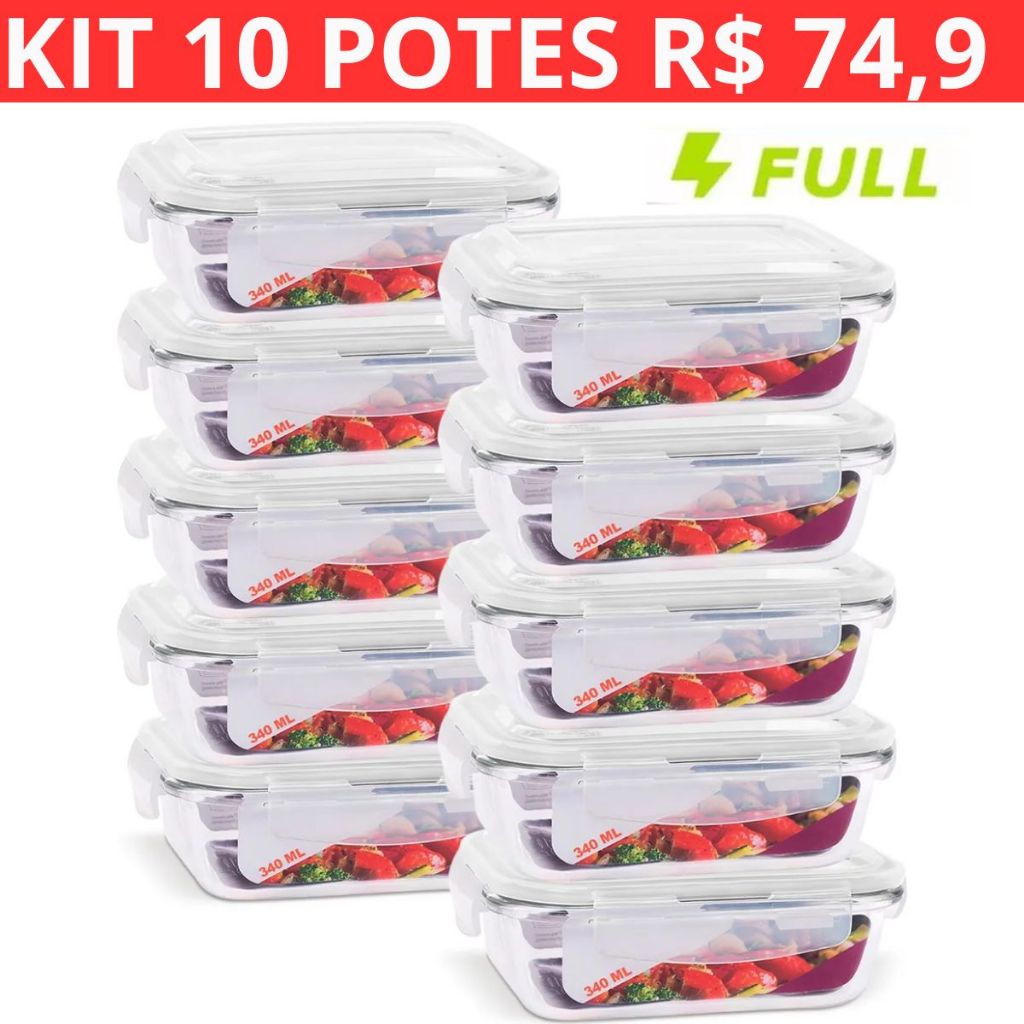 Kit com 10 Potes de Vidro Hermético 370ml Marmita Fit Tampa 4 Travas Freezer Geladeira Micro-ondas