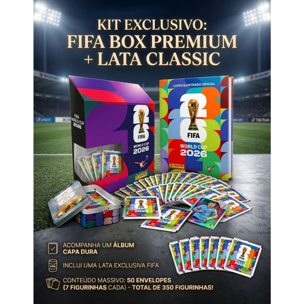 Box Especial Fifa Copa Do Mundo 2026 Álbum Capa Dura + Lata Alumínio Com 350 Figurinhas