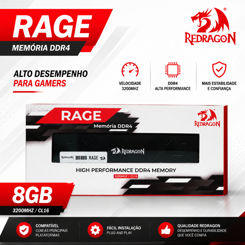 Memoria Ram Ddr4 8gb 3200mhz Redragon Rage Preto Gm-707