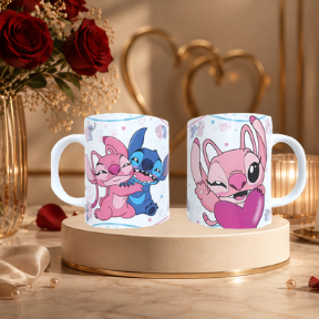 Caneca Porcelana Angel e Stitch Amor - Dia dos Namorados - Presente Namorada/Namorado