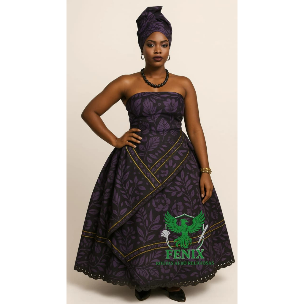 ROUPA FEMININA LUXO BAIANA POMBA GIRA 3PÇS ESTAMPADA PRETO E ROXO UMBANDA CANDOMBLÉ