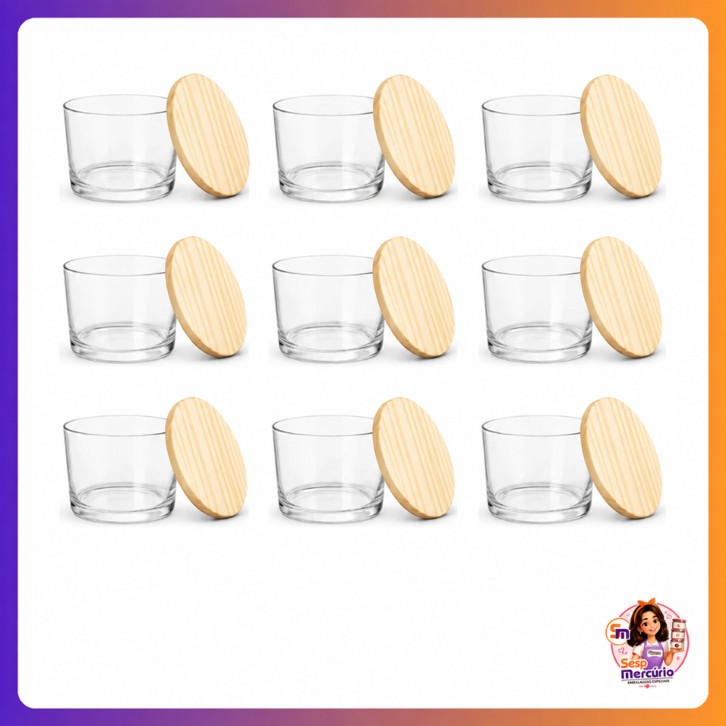Imagem Kit Potes de Vidro Patê 150ml Tampa Madeira Pinus Velas Artesanais Lembrancinhas Nadir Figueiredo