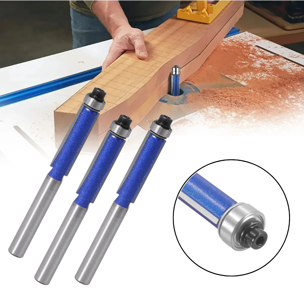 Fresa Para Tupia Reta Copiadora Kit 3 Peças Flush Trim Haste 6mm Rolamento Superior Video Widea Azul Marcenaria MDF