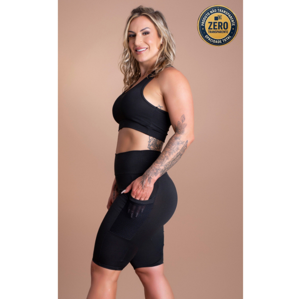 Conjunto Feminino Bermuda Cintura Alta Com Bolso Tela Resistente e Top Nadador Liso Academia Treino ZERO TRANSPARÊNCIA