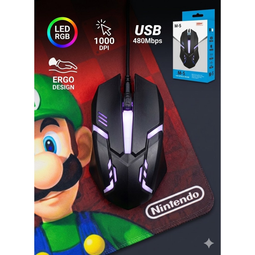 Mouse Gamer M-5 Óptico USB Com LED RGB Ergonômico 1000 DPI