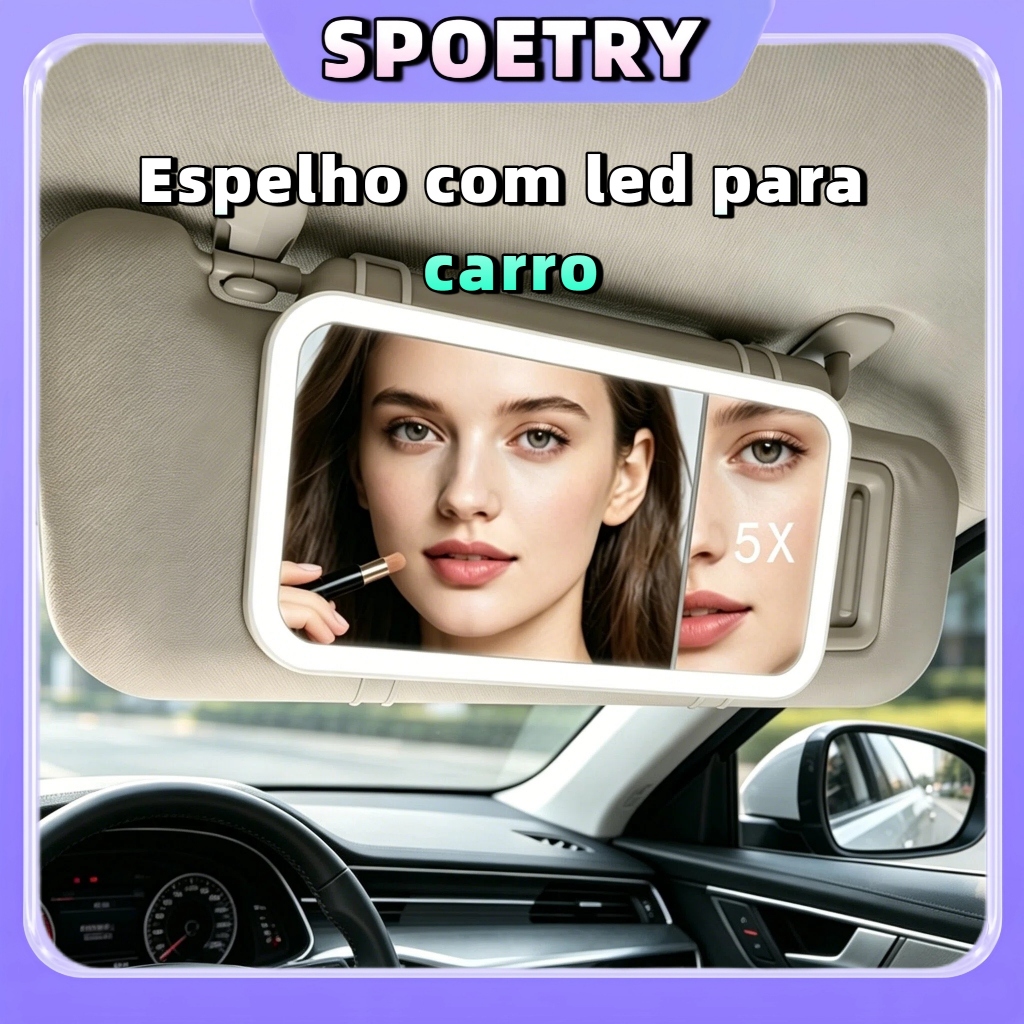 Espelho com led para carro para maquiagem recarregável retrovisor visor com luz 3 tonalidades