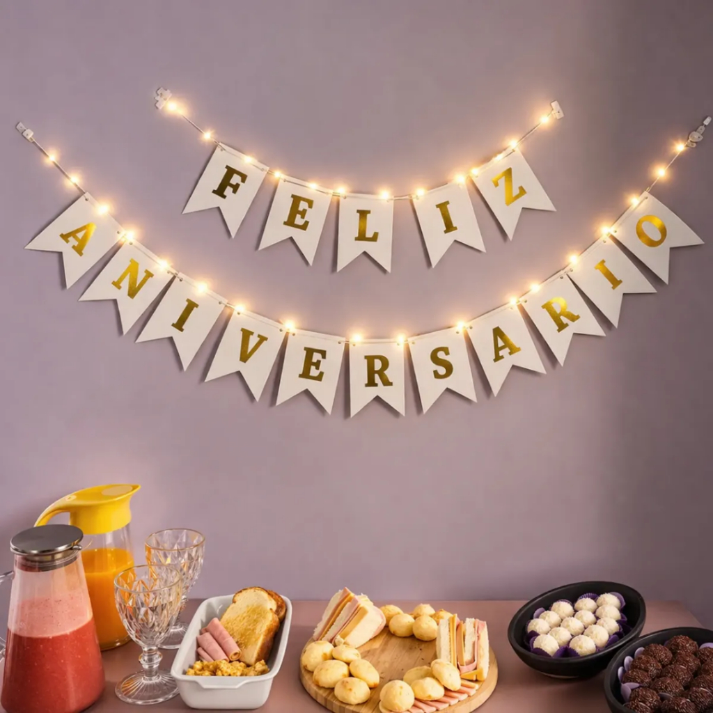 Faixa Feliz Aniversário + 2 Led Branco Fio De Fada Decoração Festa Painel