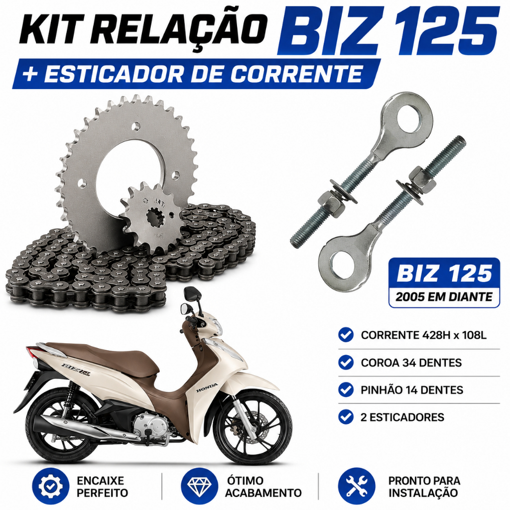 Kit Relação Biz 125 2005 em Diante Corrente Coroa Pinhão + Esticador