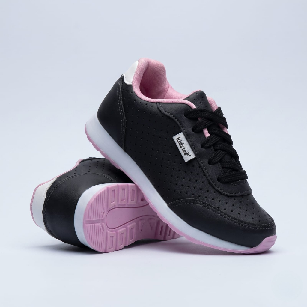 Kidstep Tenis Escolar Infantil Feminino Jogging Preto com Rosa 20 ao 36
