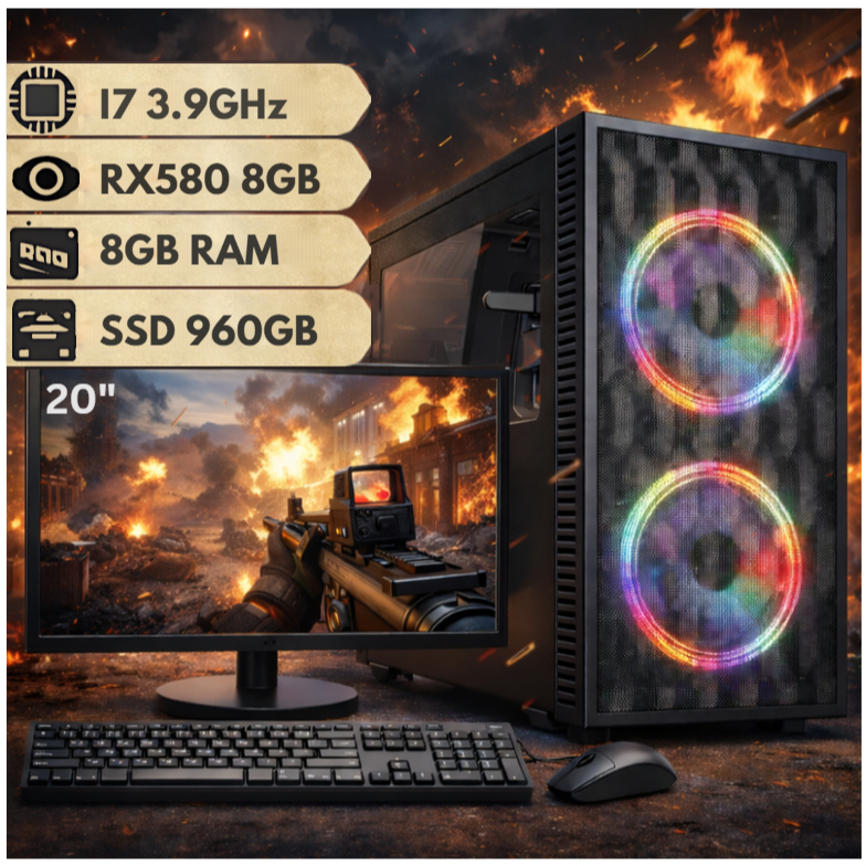 Computador Gamer Intel Core i7 Placa de Vídeo RX580 8GB Com SSD 960GB e 8GB RAM C/ Monitor 20"