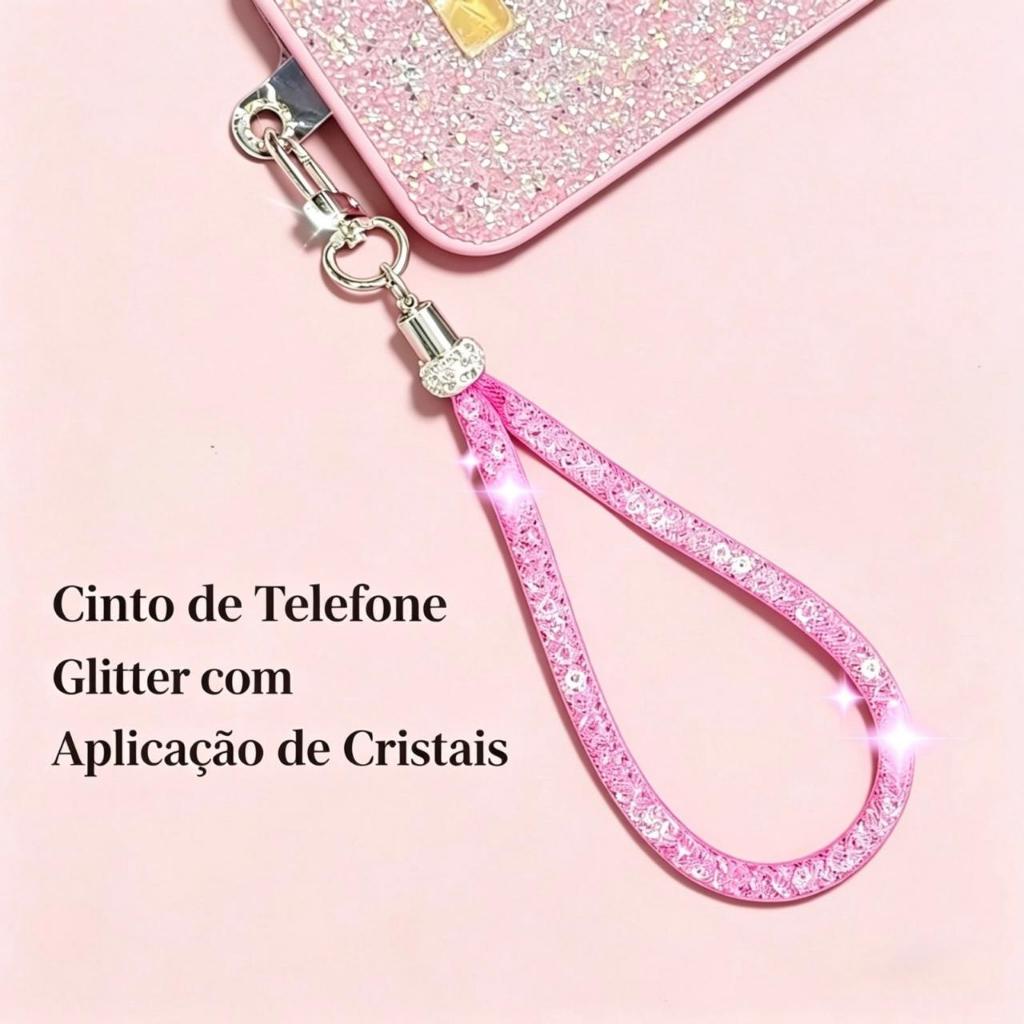 Correias Cordão Pulseira curto c/Diamantes Cristal Interior para Capinha Celular Chaveiro Anti-Queda