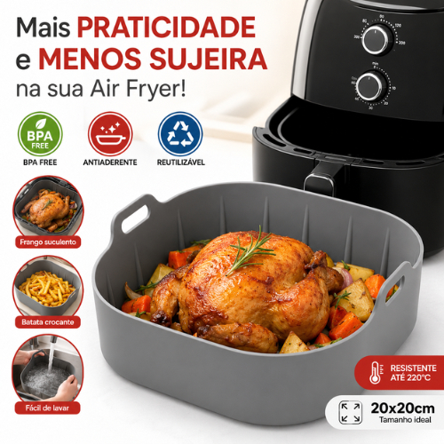 Forma Silicone Air Fryer 20x20 Antiaderente Reutilizável BPA Free Com Alças Fácil Limpeza Universal Para Air Fryers