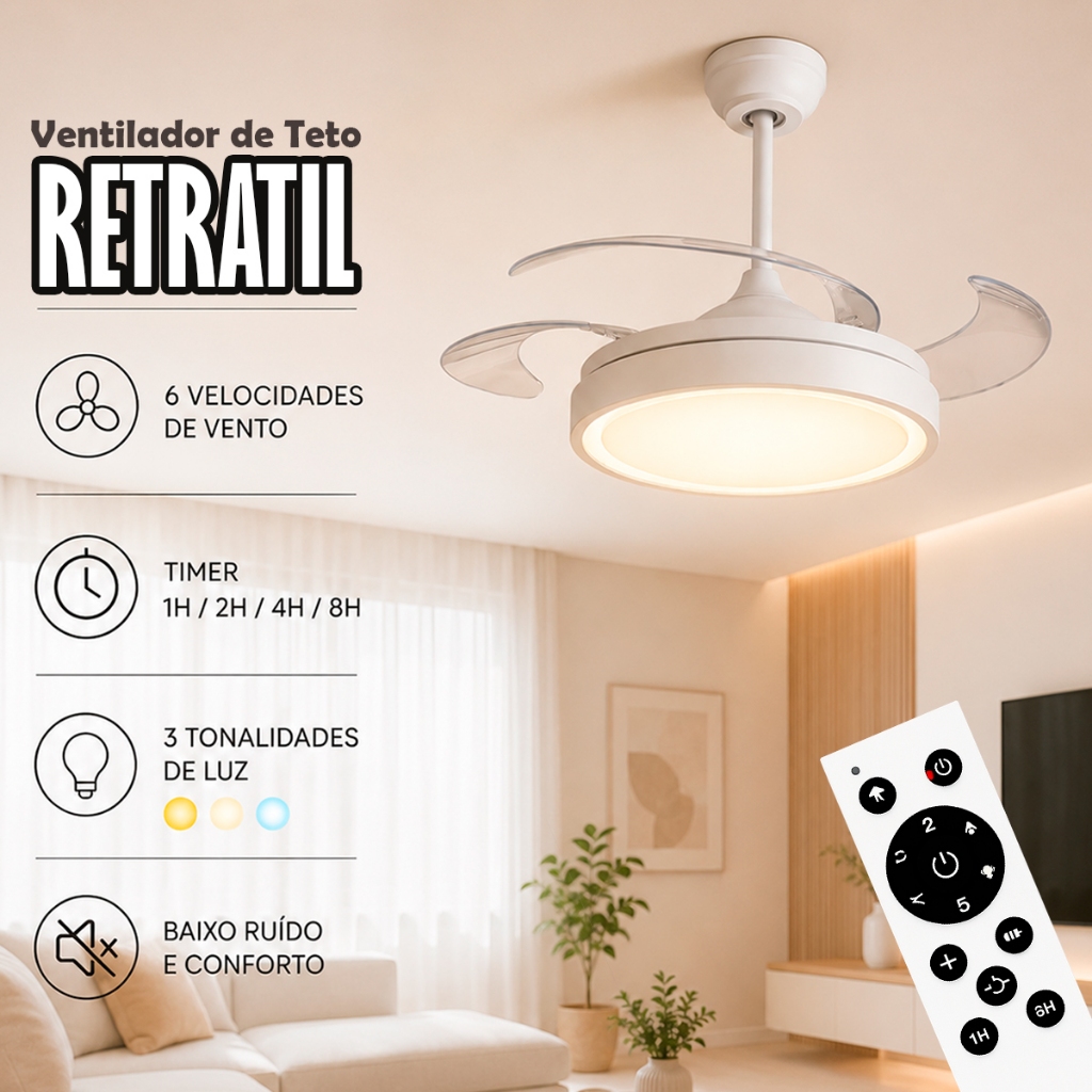 Ventilador de Teto Moderno Ventisol Ventilador de Teto Retratil Controle Remoto Ventilador De LED — oferta na Shopee