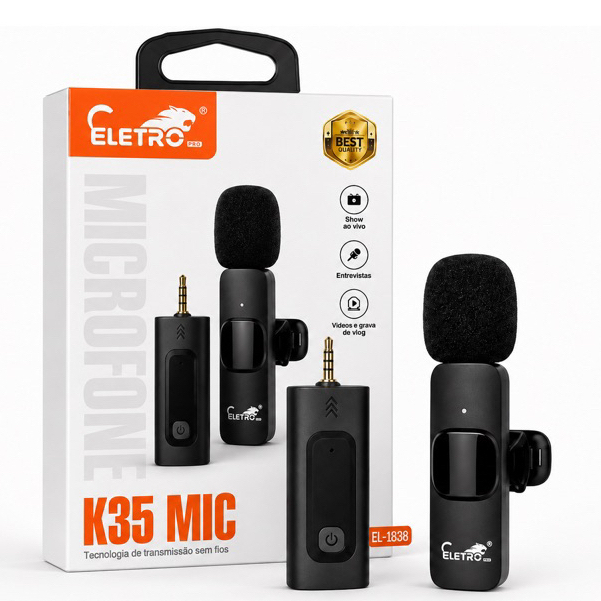 Microfone da lapela k35, com gancho pra camiseta, Áudio profissional, elimina ruídos, ideal para lives, vídeos e vlogs