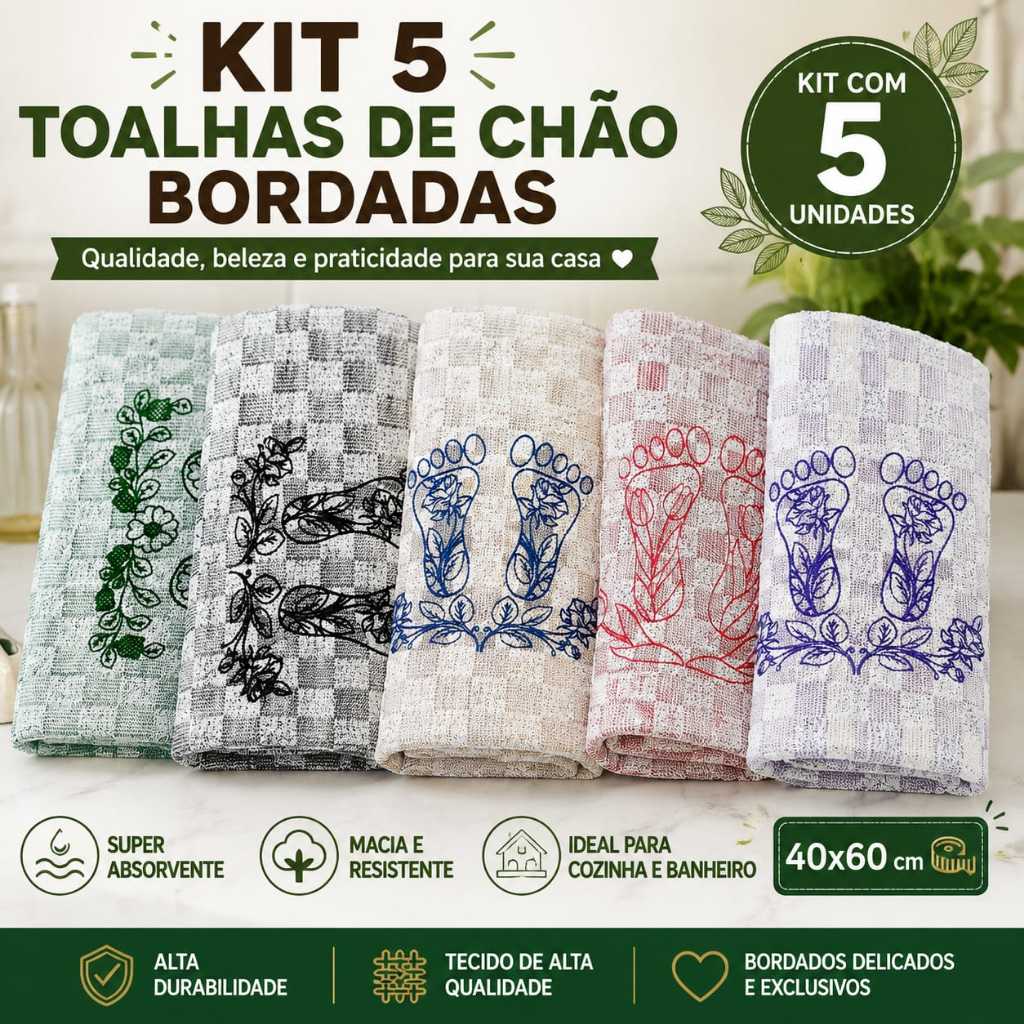 Kit 5 Toalhas De Chão Bordadas 40x60 Tapete Para Cozinha Banheiro Antiderrapante Absorvente