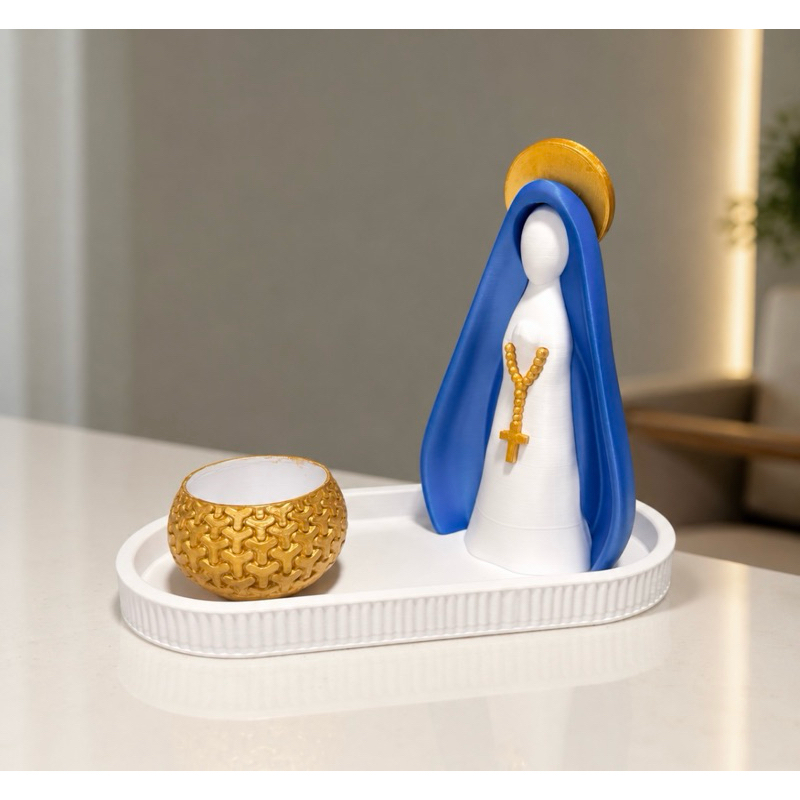 🌟 Nossa Senhora Aparecida Decorativa 3D com Bandeja e Porta-Vela | Decoração Religiosa Católica