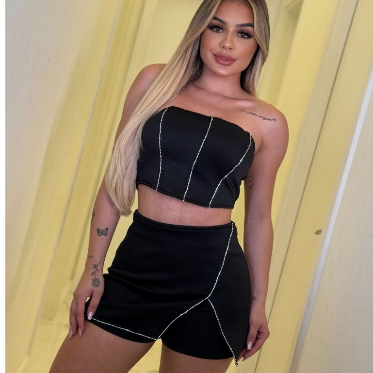 Conjunto Feminino Preto Cropped Tomara que Caia + Saia Short Elegante Festa Balada Moda Blogueira