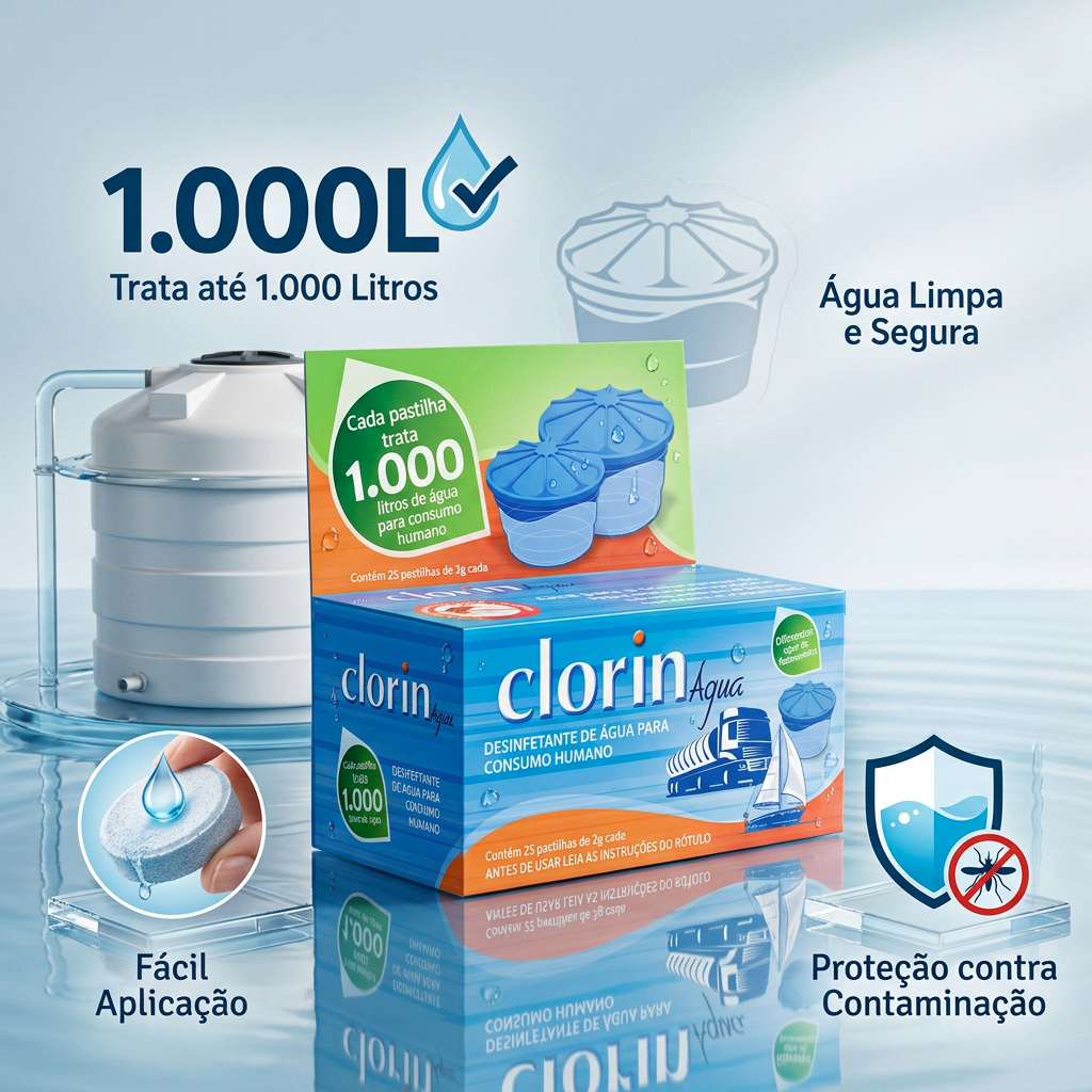 Clorin 1.000 com 25 Pastilhas p/Tratar 1.000L Caixa d’Água, Cisterna, Água da Chuva