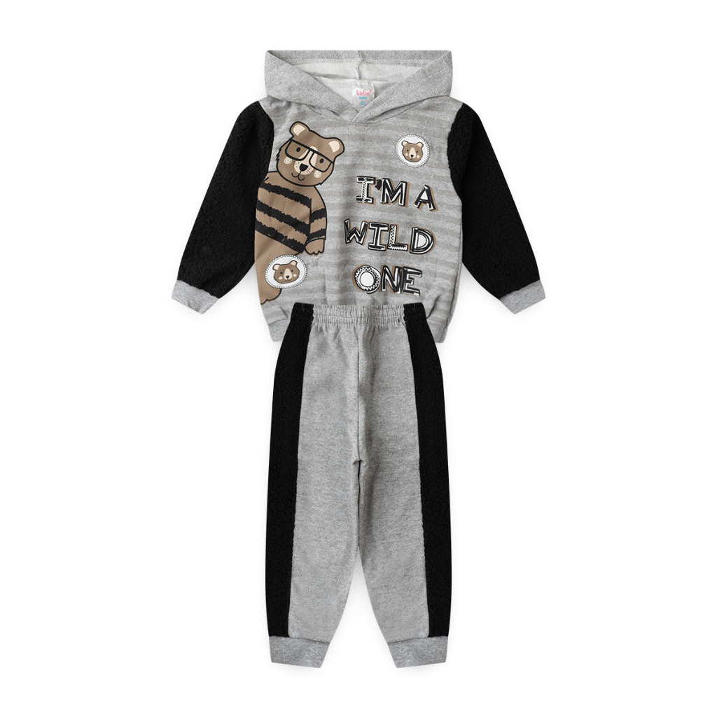 Conjunto Infantil Inverno Menino Mescla Com Preto Blusão E Calça Em Moletom Com Recortes Carneiro