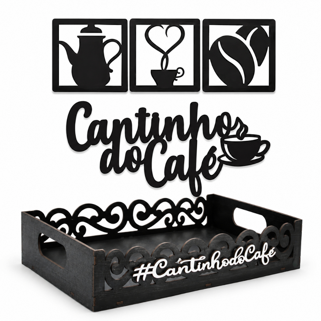 Kit Cantinho Do Café Completo Bandeja Decorativa Quadro Vazado Aplique Parede MDF Preto Decoração Cozinha Escritório
