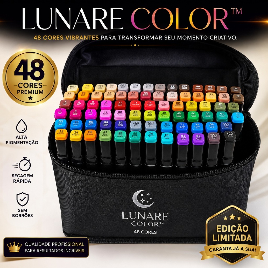 Canetas Hidrográficas 48 Cores Lunare Color™ Estojo Premium Alta Pigmentação Secagem Rápida